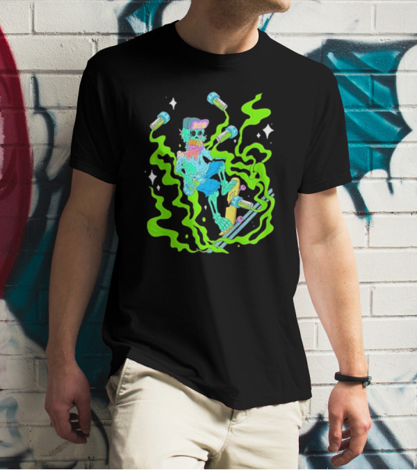 Toxic Skulls Club Bobburnquist Skateboarding Skeleton With Green Smoke And Skateboard T-Shirt