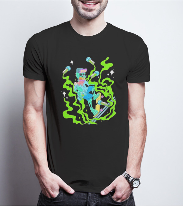 Toxic Skulls Club Bobburnquist Skateboarding Skeleton With Green Smoke And Skateboard T-Shirt