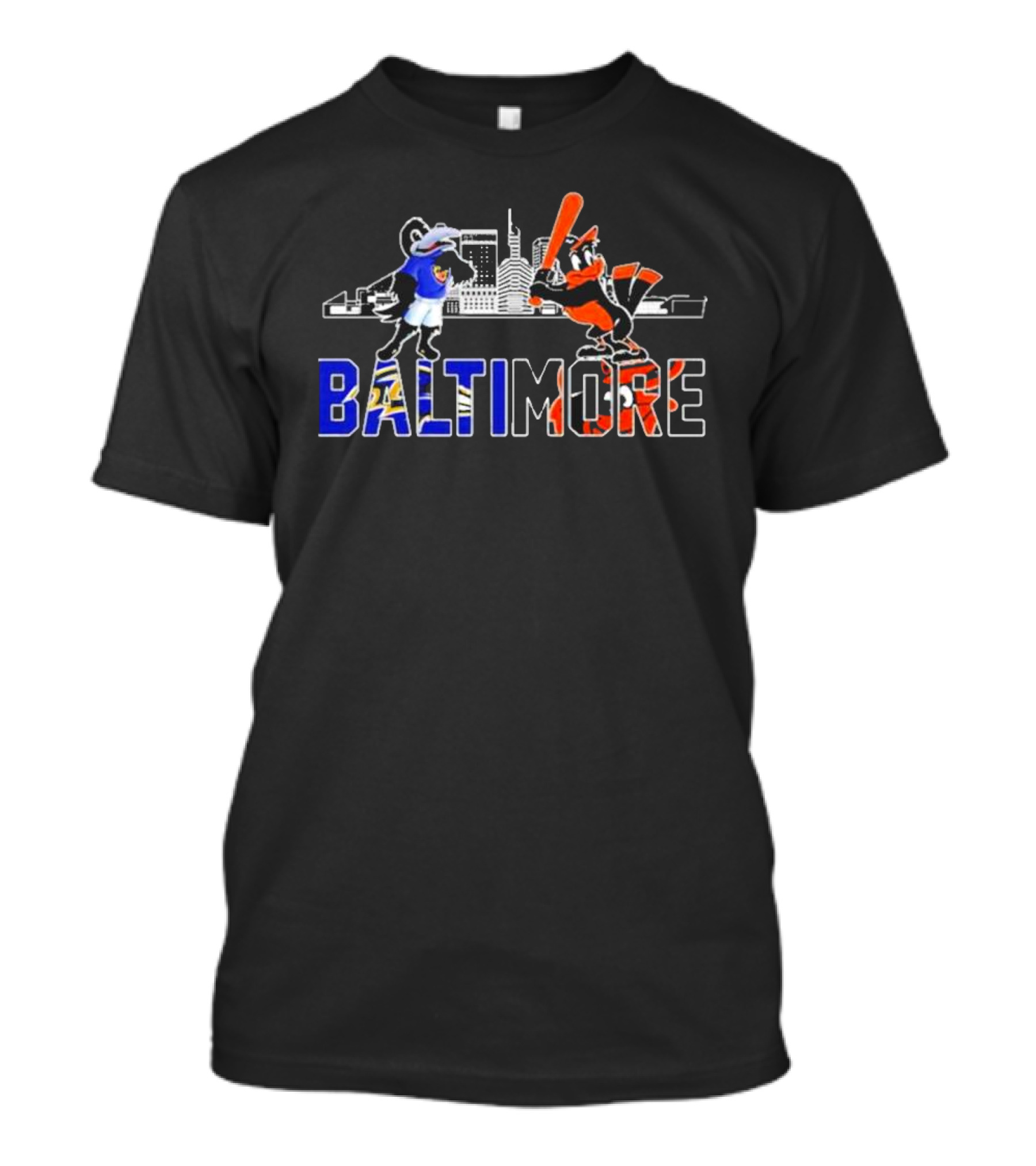 Baltimore Ravens Mascot And Baltimore Orioles Mascot Skyline Baltimore T-Shirt