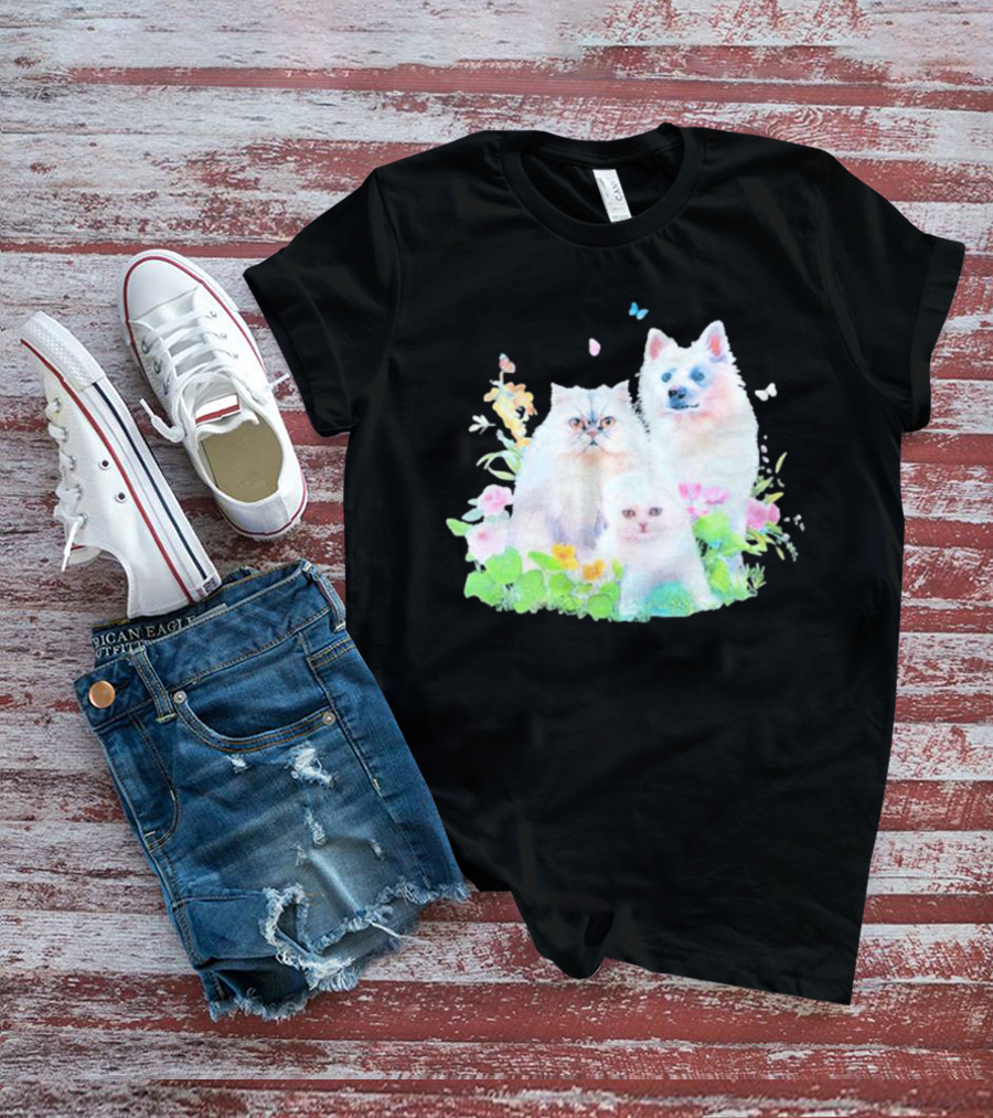 Romcom Jakey Cats And Dog Pastel Garden T-Shirt