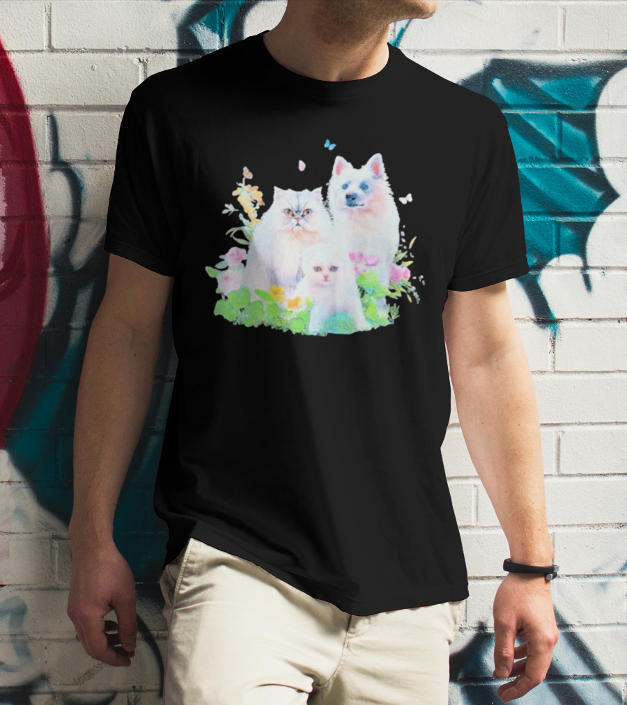 Romcom Jakey Cats And Dog Pastel Garden T-Shirt