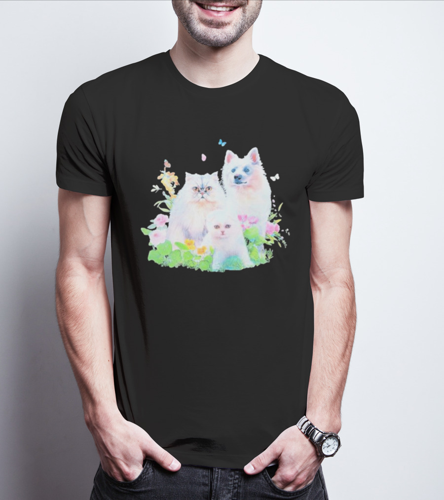 Romcom Jakey Cats And Dog Pastel Garden T-Shirt