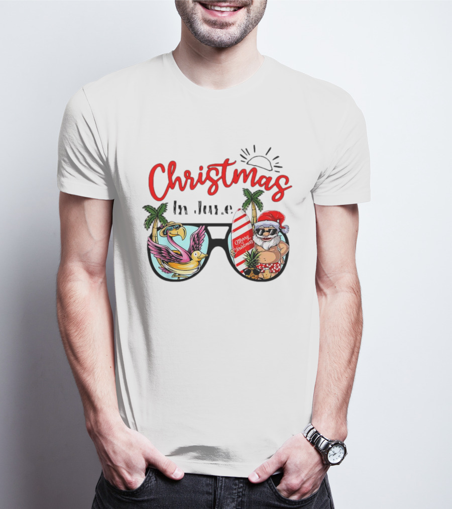 Christmas In June Sunglasses Santa Flamingo Merry Christmas Summer Vacation T-Shirt