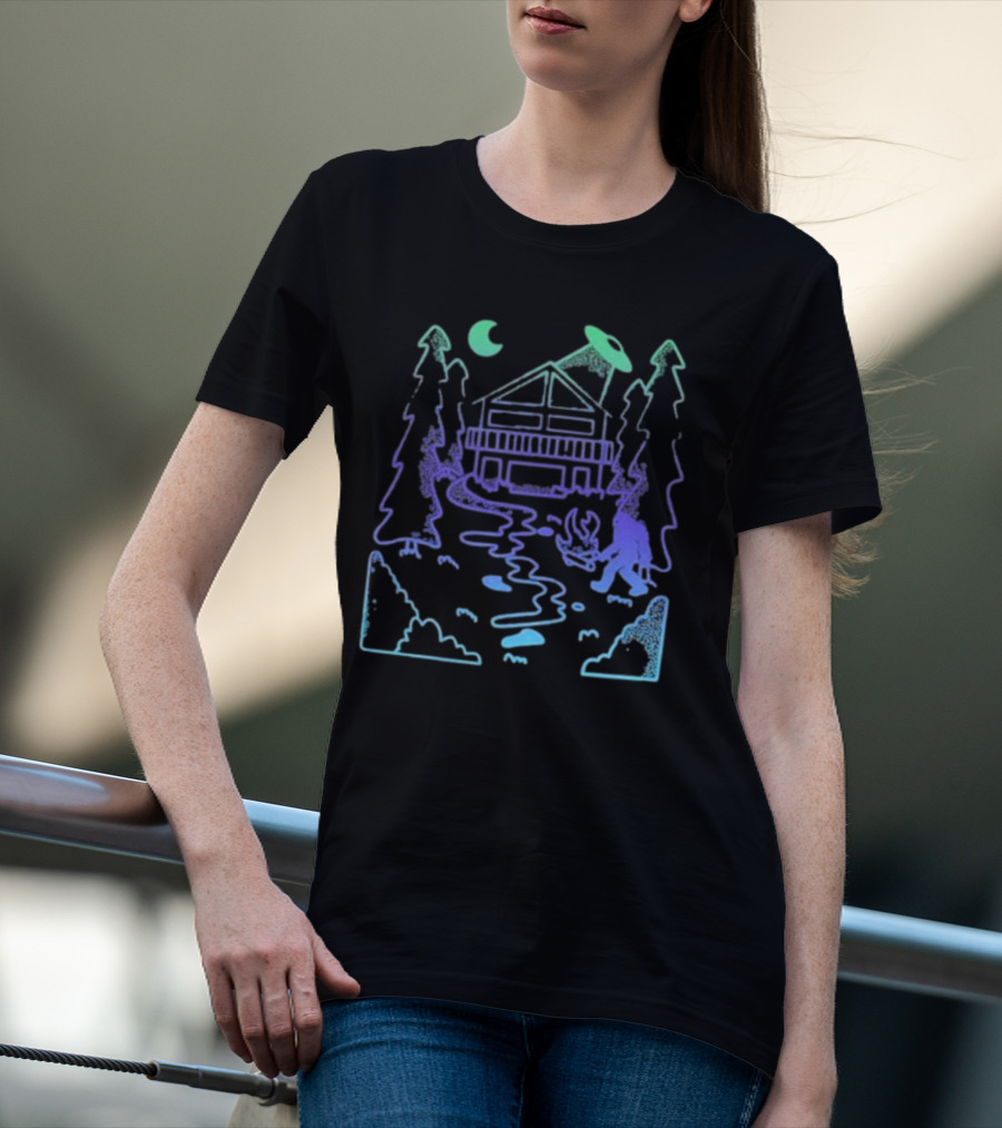Mile Higher Paranormal Cabin UFO Night Scene T-Shirt