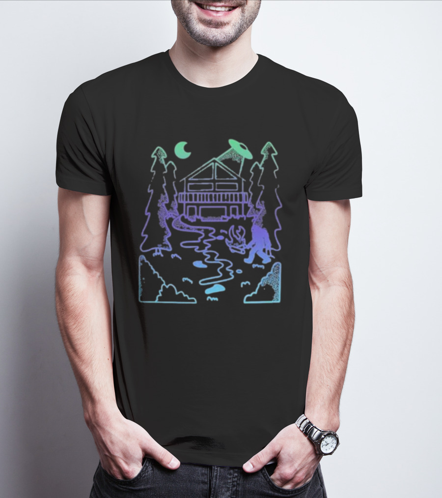 Mile Higher Paranormal Cabin UFO Night Scene T-Shirt