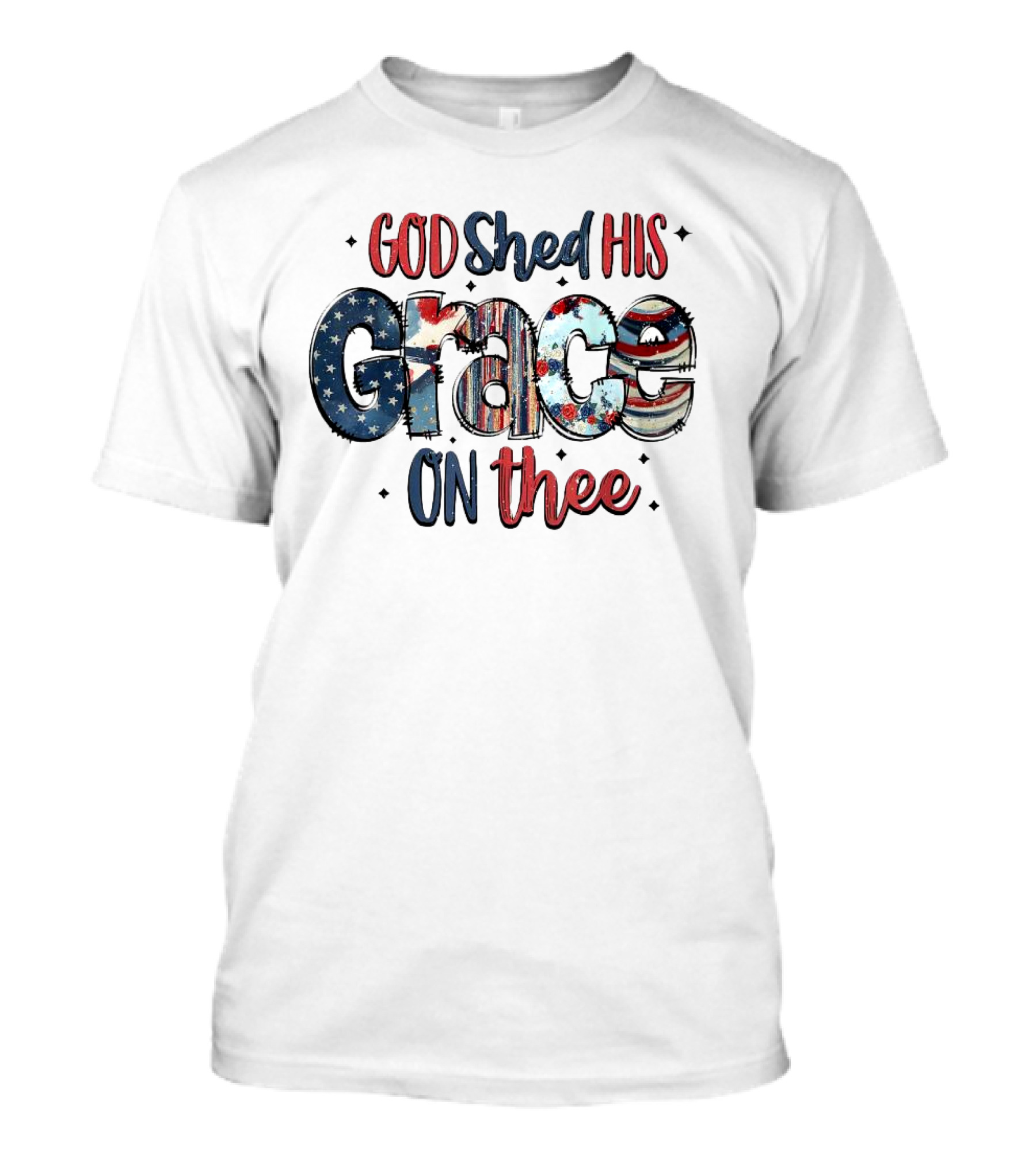 God Shed His Grace On Thee Red White Blue Stars Stripes 4th Of July Groovy Patriotic T-Shirt