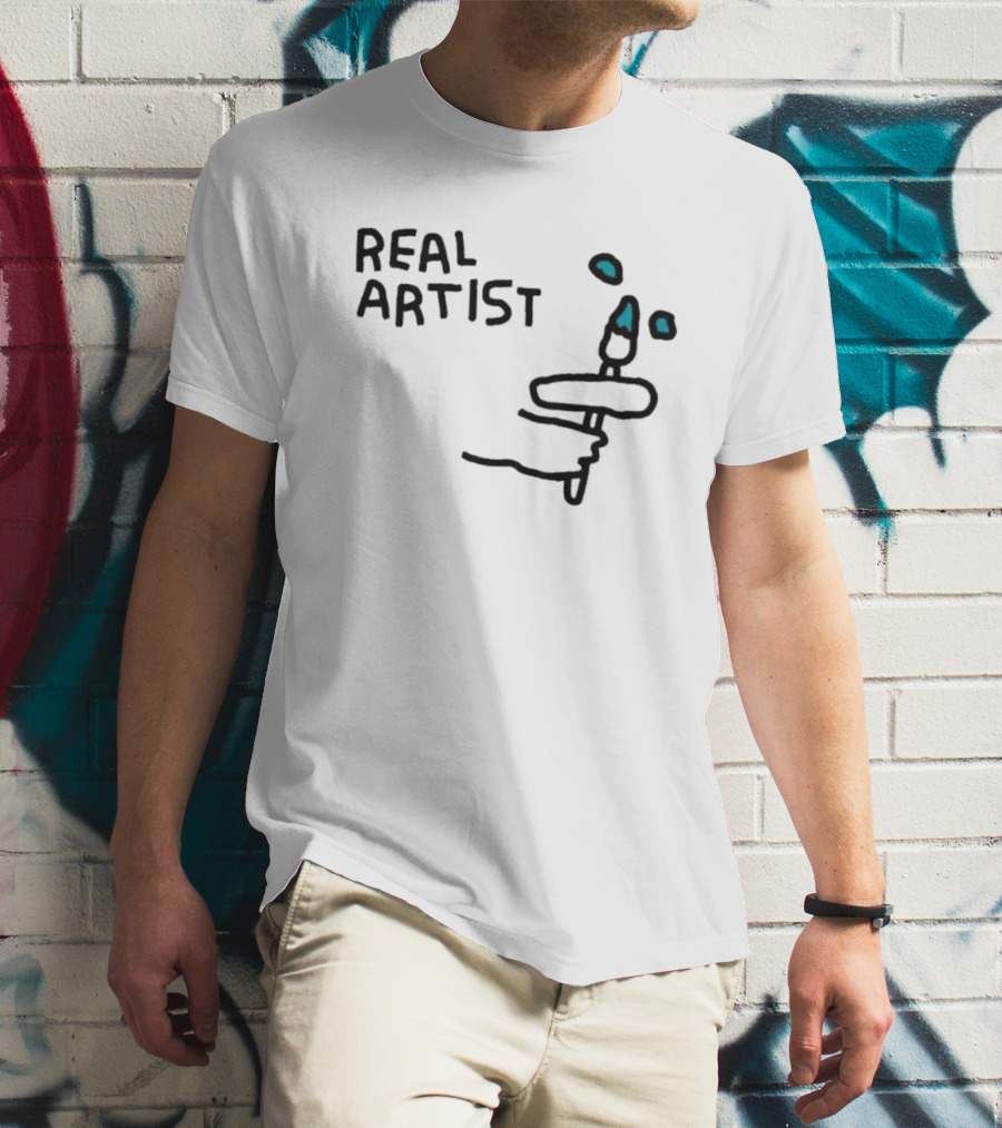 REAL ARTIST Paint Brush Hand Drawing Blue Paint Drops T-Shirt