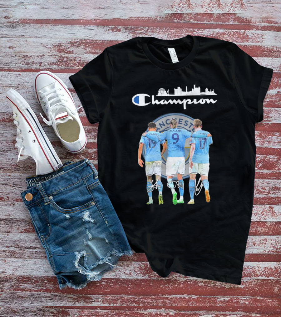 Manchester Haaland De Bruyne Alvarez Champion Football City Skyline T-Shirt