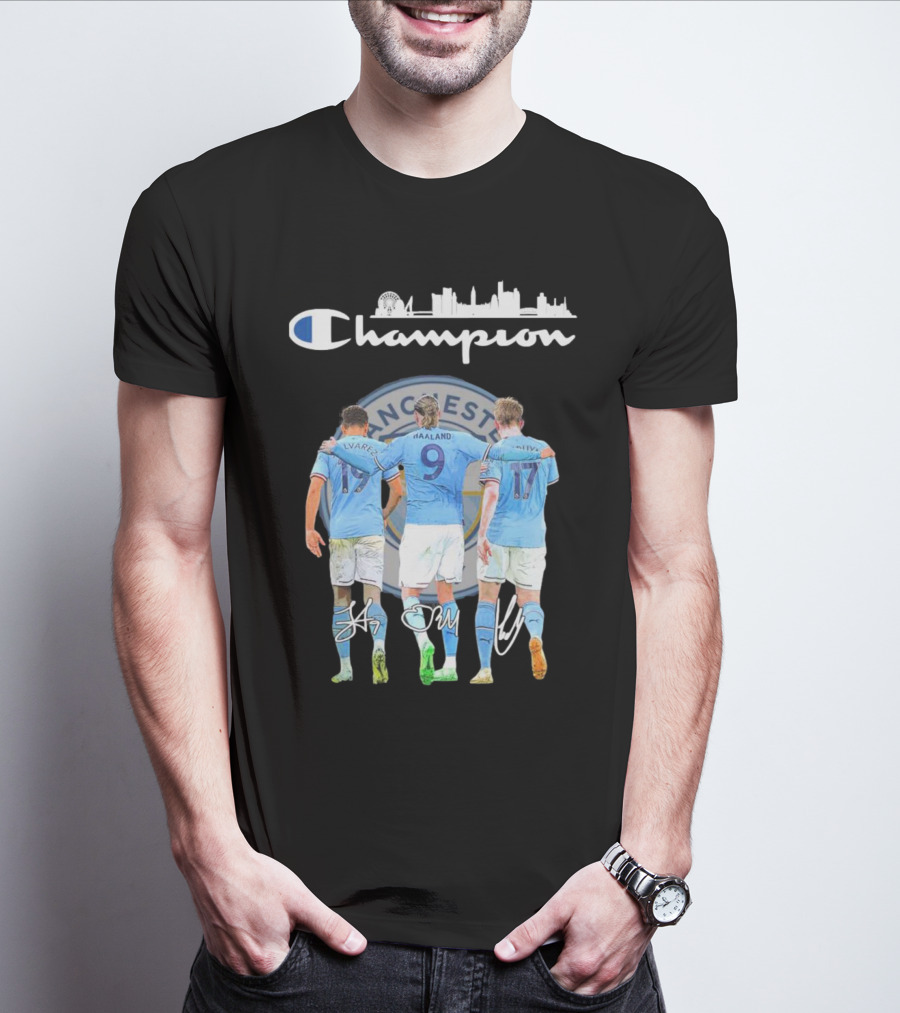 Manchester Haaland De Bruyne Alvarez Champion Football City Skyline T-Shirt