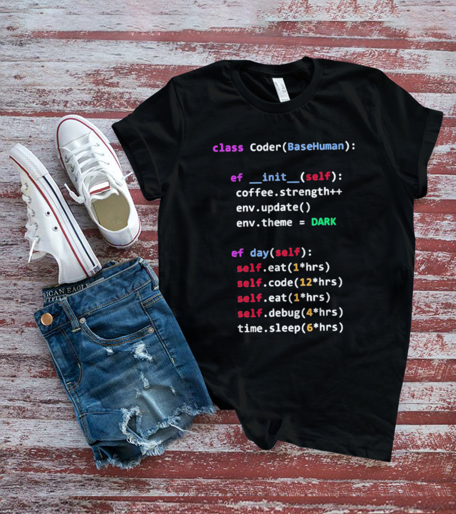 Programmerhumor Class Coder BaseHuman Init Self Coffee Strength Day Eat Code Debug Sleep Theme Dark T-Shirt