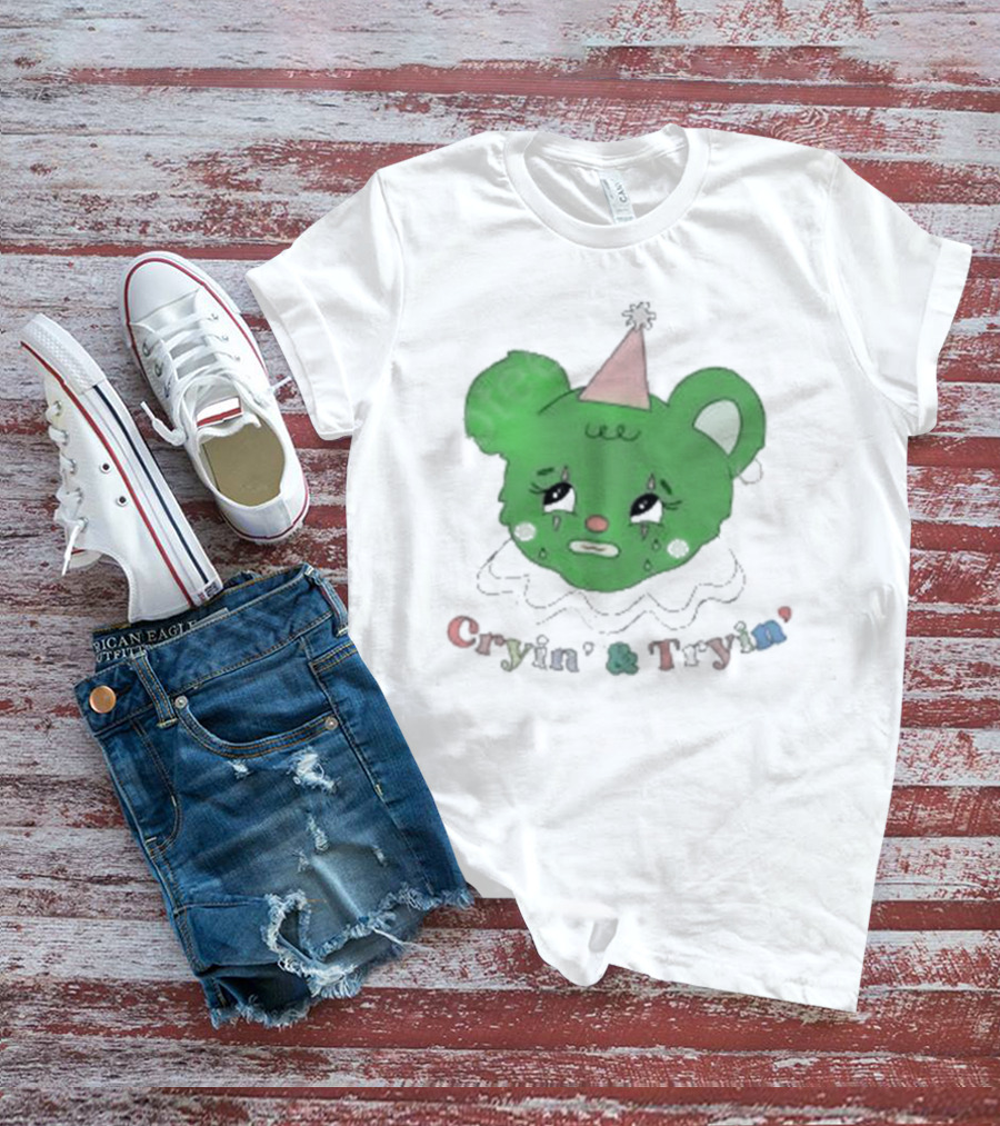 Smilecult Merch Cryin’ And Tryin’ Sad Bear With Party Hat T-Shirt