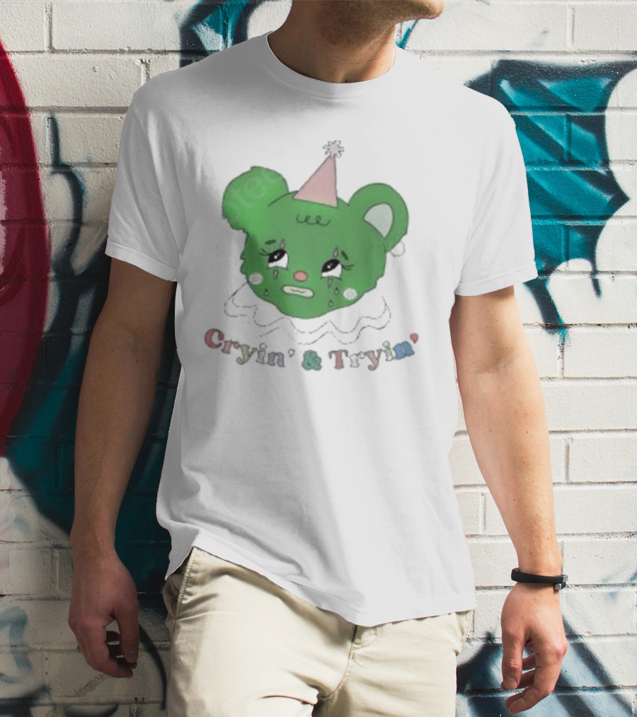 Smilecult Merch Cryin’ And Tryin’ Sad Bear With Party Hat T-Shirt