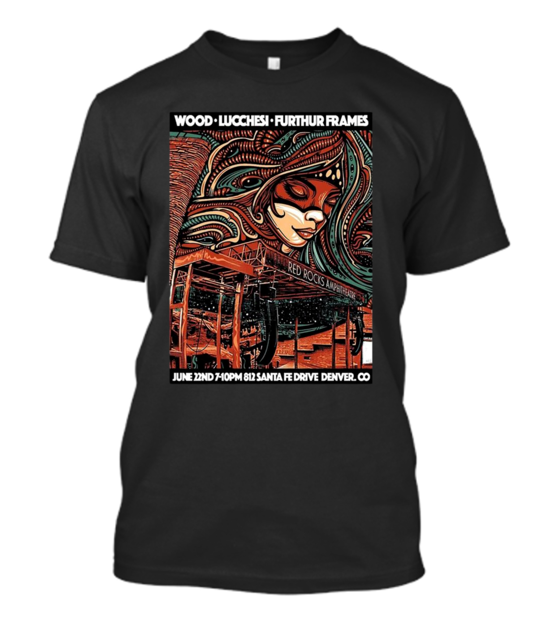 WOOD LUCCHESI FURTHUR FRAMES RED ROCKS AMPHITHEATRE JUNE 22ND 7:10PM 812 SANTA FE DRIVE DENVER CO T-Shirt