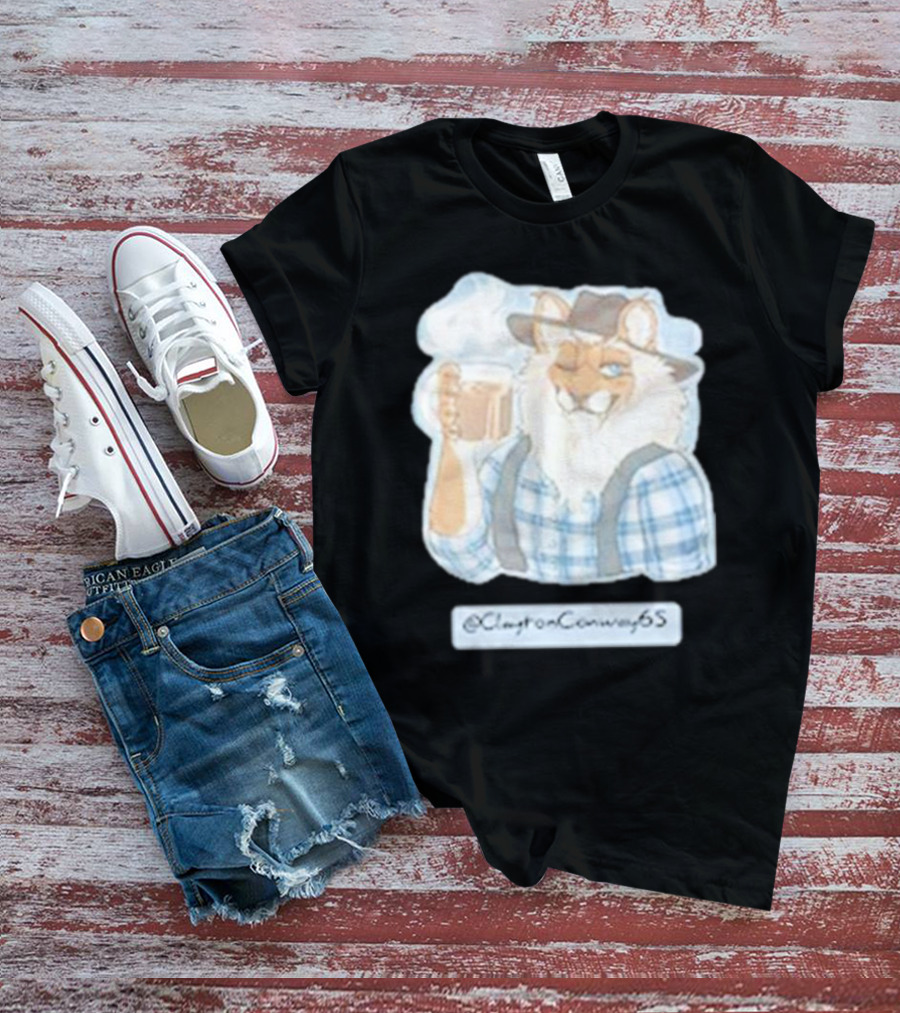Clayton Conway 65 @ClaytonConway65 Cat In Plaid With Hat Holding Coffee T-Shirt