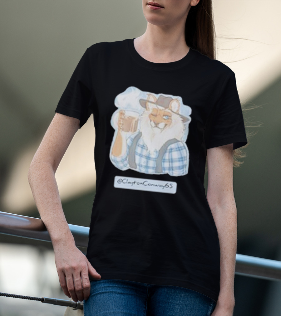 Clayton Conway 65 @ClaytonConway65 Cat In Plaid With Hat Holding Coffee T-Shirt