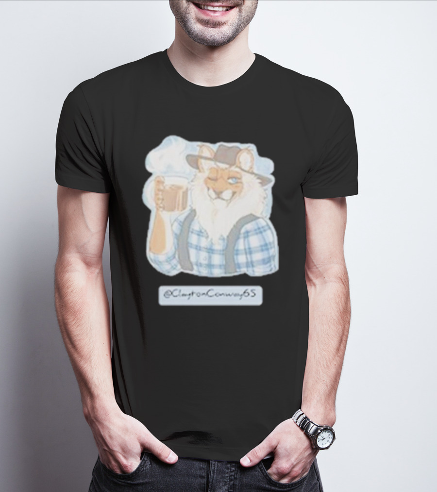 Clayton Conway 65 @ClaytonConway65 Cat In Plaid With Hat Holding Coffee T-Shirt