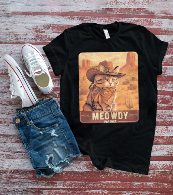 Meowdy Partner Cowboy Cat In Desert Scene With Cactus And Wagon T-Shirt