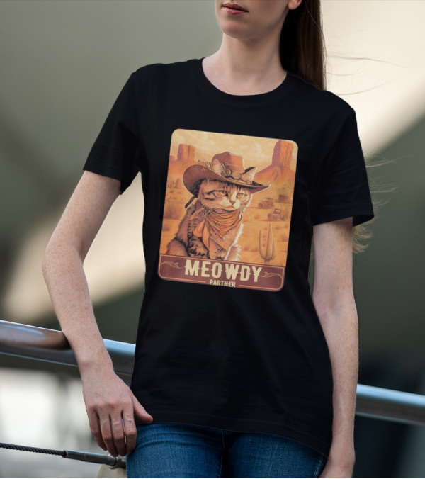 Meowdy Partner Cowboy Cat In Desert Scene With Cactus And Wagon T-Shirt