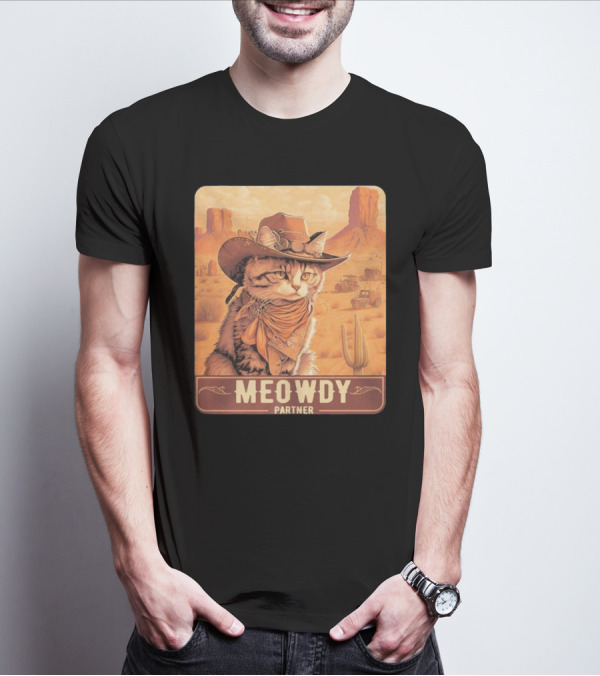 Meowdy Partner Cowboy Cat In Desert Scene With Cactus And Wagon T-Shirt