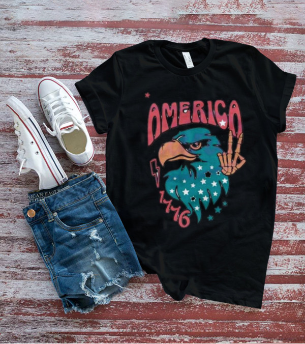 America Eagle 1776 4th Of July With Peace Sign And Stars T-Shirt