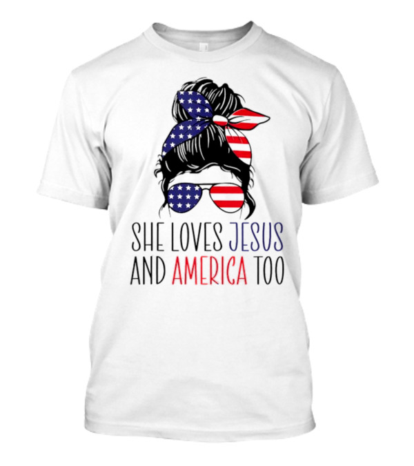 She Loves Jesus And America Too Patriotic Bandana And Sunglasses 4th Of July T-Shirt