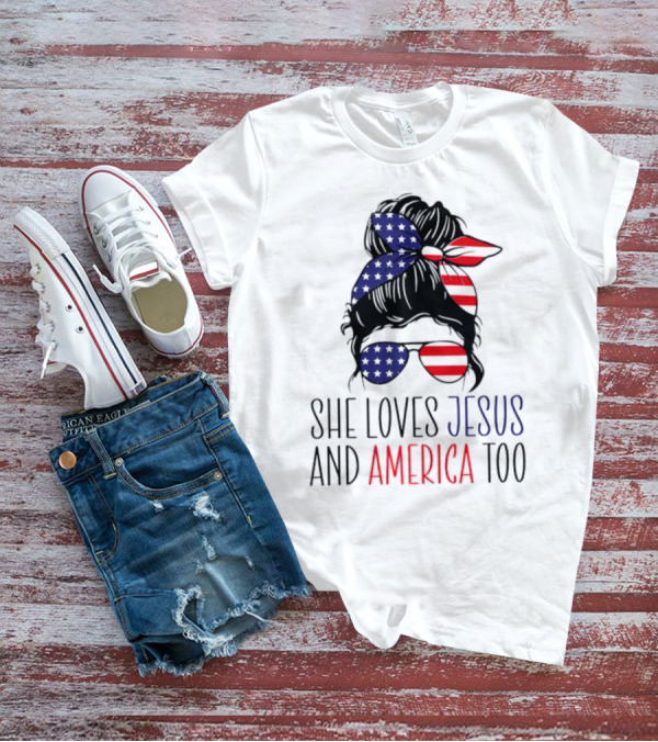 She Loves Jesus And America Too Patriotic Bandana And Sunglasses 4th Of July T-Shirt