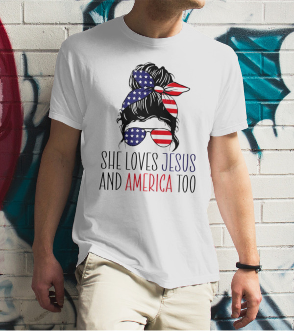 She Loves Jesus And America Too Patriotic Bandana And Sunglasses 4th Of July T-Shirt