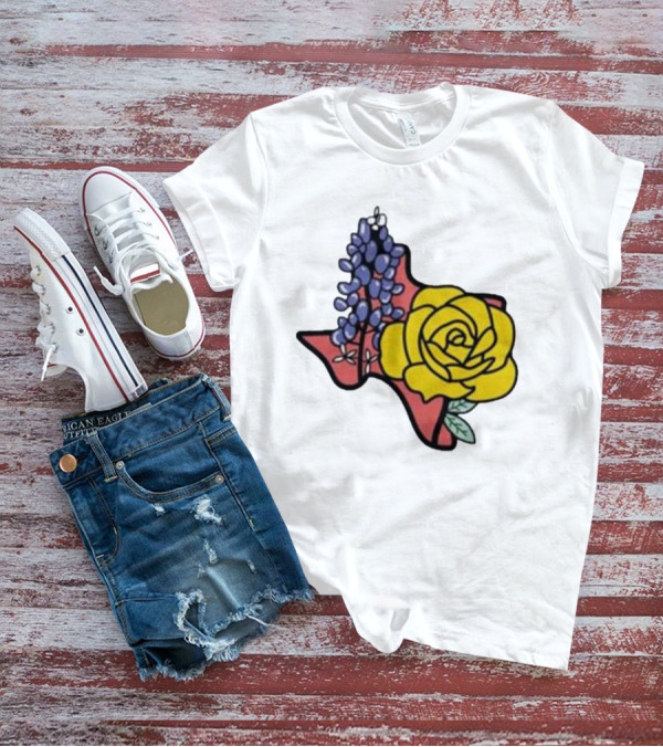 Texas Wildflower Humor Yellow Rose Bluebonnet State Outline T-Shirt