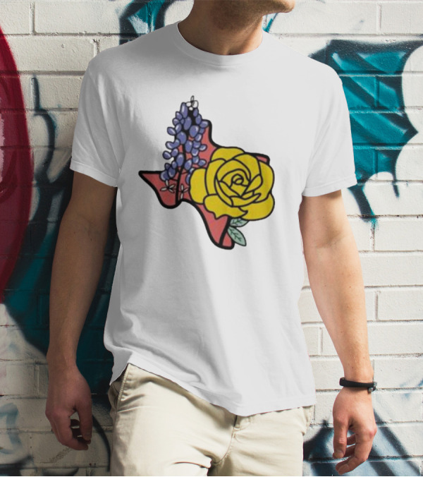 Texas Wildflower Humor Yellow Rose Bluebonnet State Outline T-Shirt