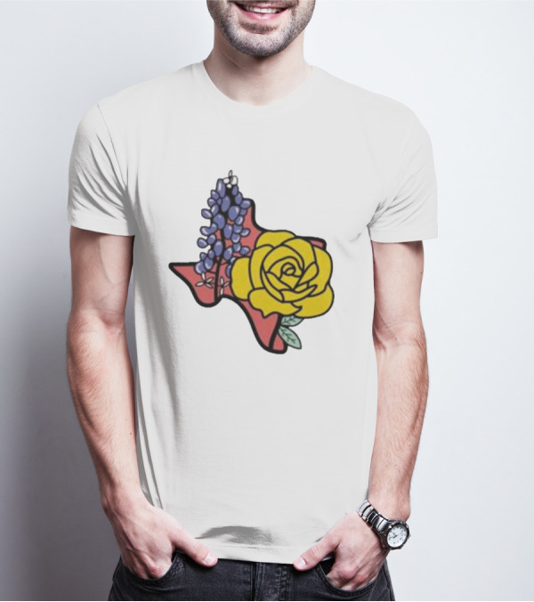 Texas Wildflower Humor Yellow Rose Bluebonnet State Outline T-Shirt
