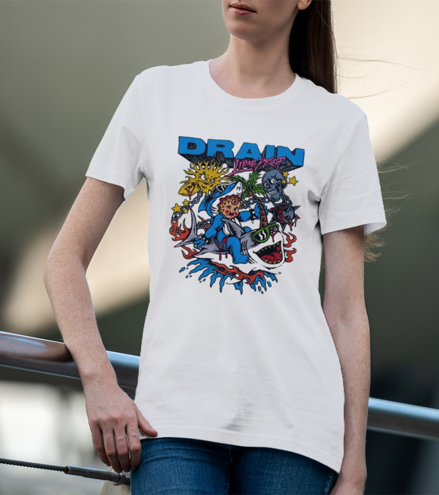 DRAIN Living Proof Chain-Wrapped Shark With Skeleton And Sunburst T-Shirt