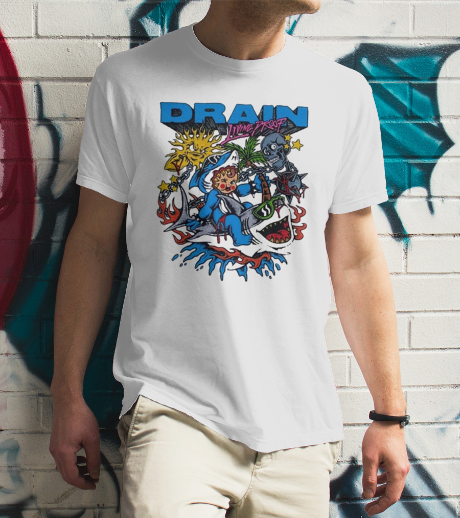 DRAIN Living Proof Chain-Wrapped Shark With Skeleton And Sunburst T-Shirt