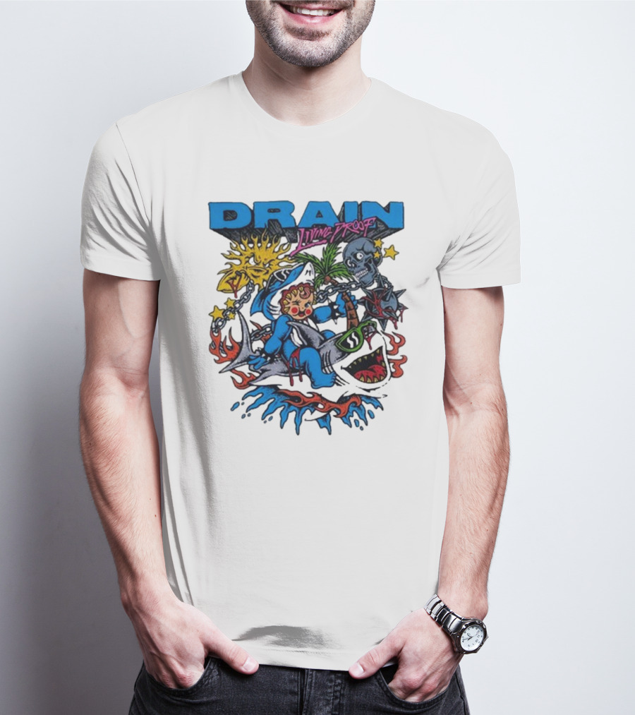 DRAIN Living Proof Chain-Wrapped Shark With Skeleton And Sunburst T-Shirt