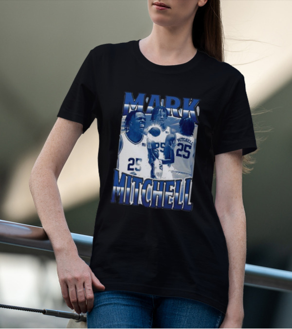 Mark Mitchell 25 Basketball Collage Blue And White T-Shirt