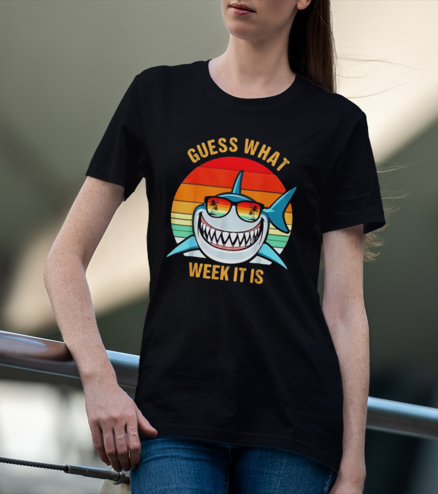 Guess What Week It Is Shark Vintage Sunset Retro Palm Trees T-Shirt