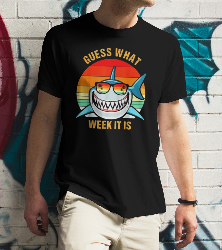 Guess What Week It Is Shark Vintage Sunset Retro Palm Trees T-Shirt