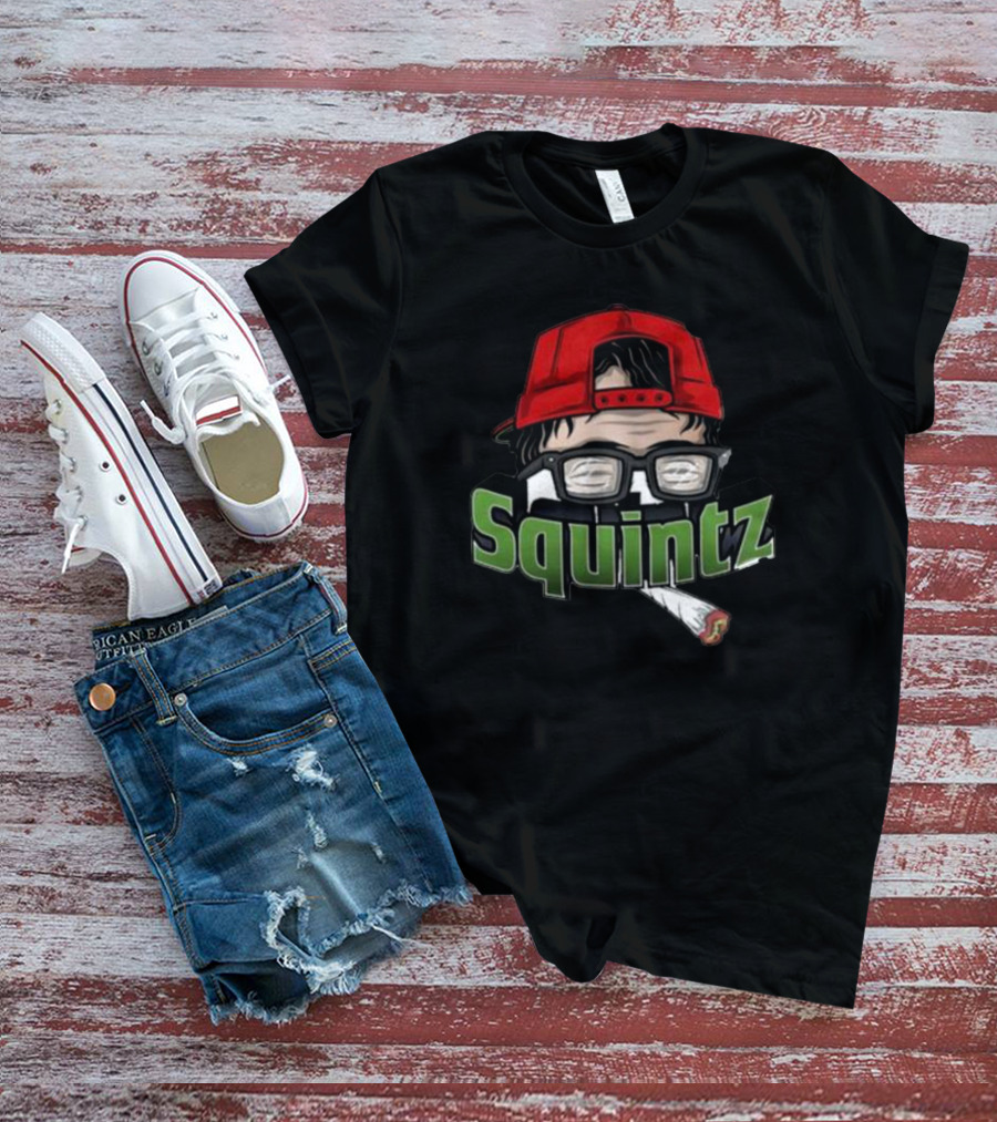 Squintz Cartoon Character With Glasses And Red Cap Smoking T-Shirt