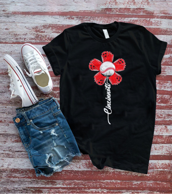 Cincinnati Baseball Flower With Baseball Center And Red Glove Petals T-Shirt