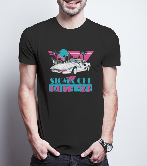 Sigma Chi Rush '23 Miami Retro Car And Skyline T-Shirt