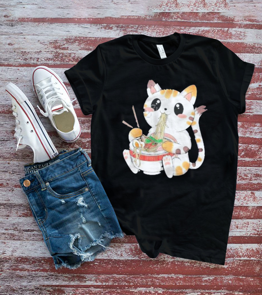 Kawaii Neko Eating Ramen In Cute Cartoon T-Shirt