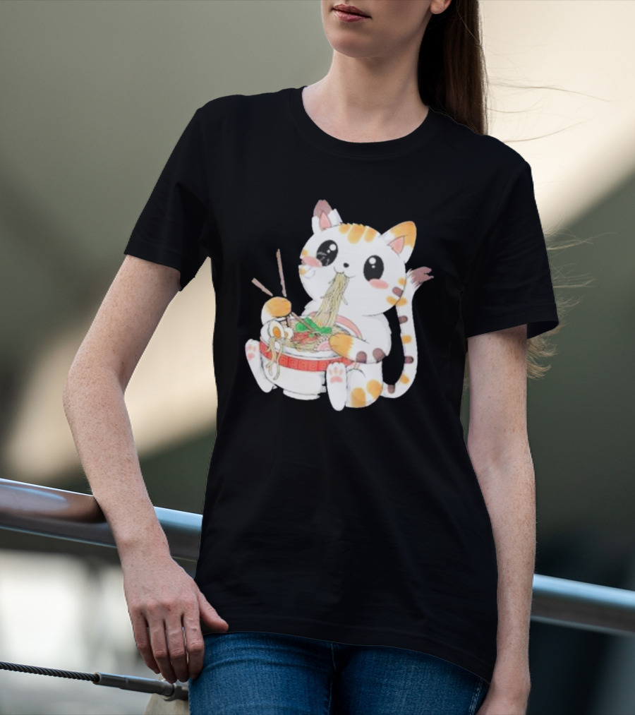 Kawaii Neko Eating Ramen In Cute Cartoon T-Shirt