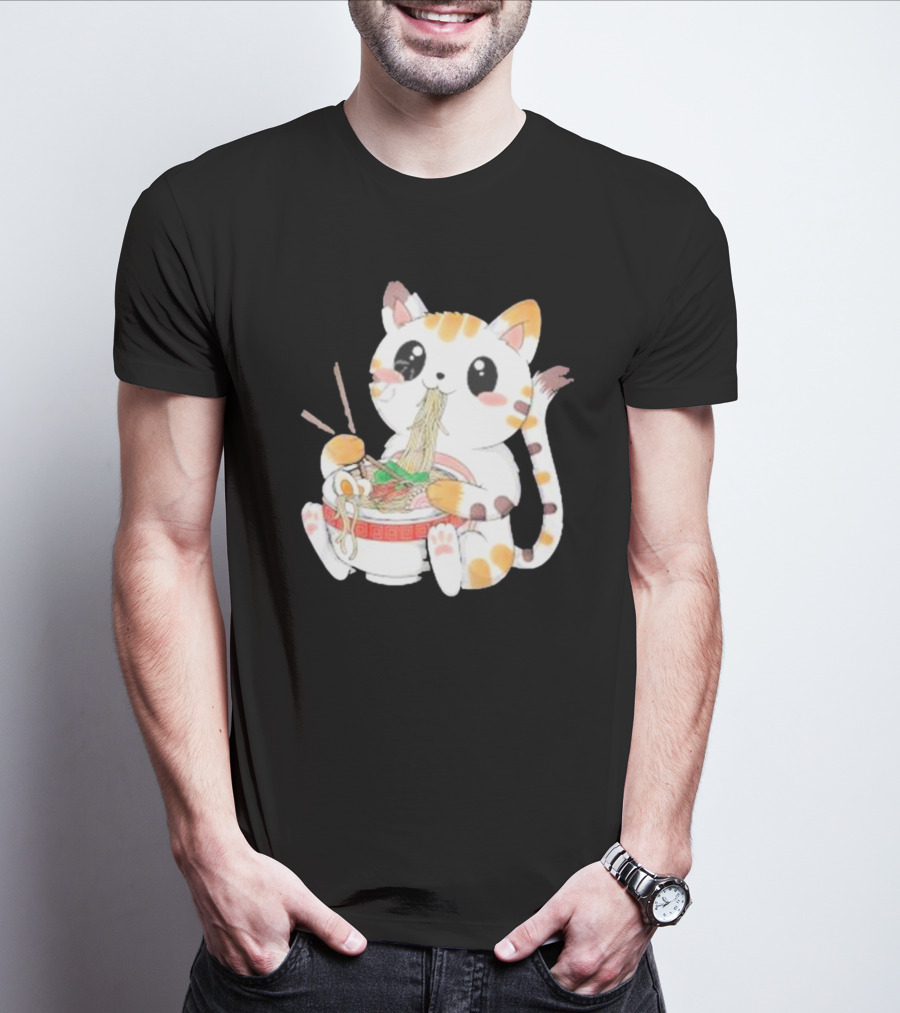 Kawaii Neko Eating Ramen In Cute Cartoon T-Shirt