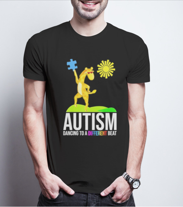 Giraffe With Puzzle Piece And Sun Celebrating Autism Dancing To A Different Beat T-Shirt
