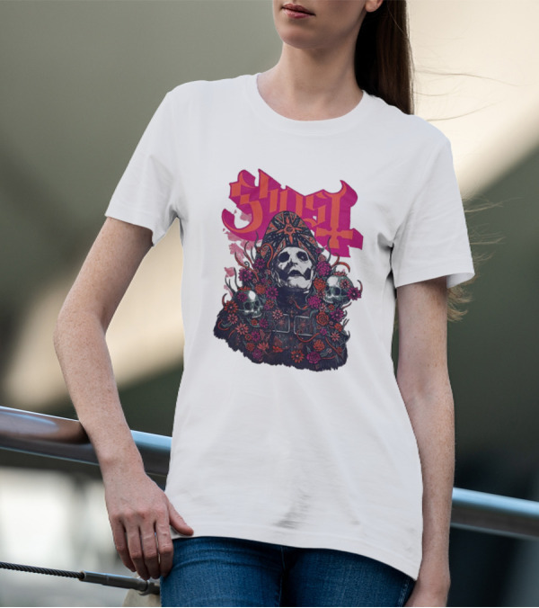 Ghost Skull In Floral Bliss Pink Crystal Wash T-Shirt