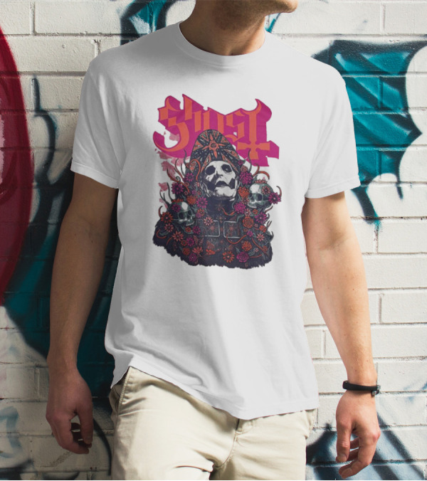 Ghost Skull In Floral Bliss Pink Crystal Wash T-Shirt