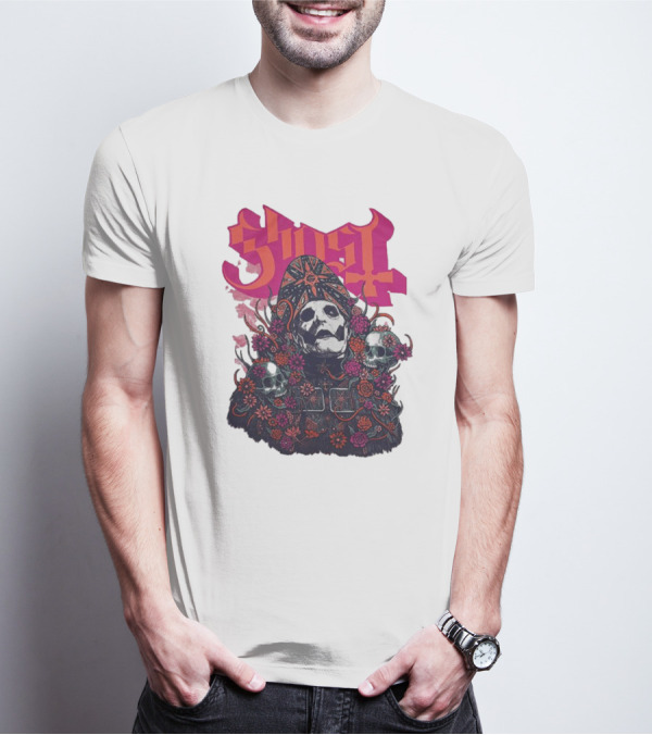 Ghost Skull In Floral Bliss Pink Crystal Wash T-Shirt