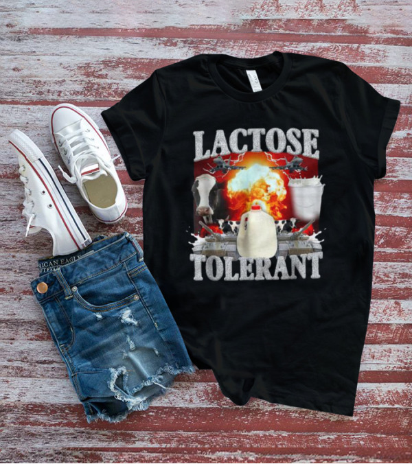 LACTOSE TOLERANT Milk Explosion Cow Jug Planes Battle Scene T-Shirt