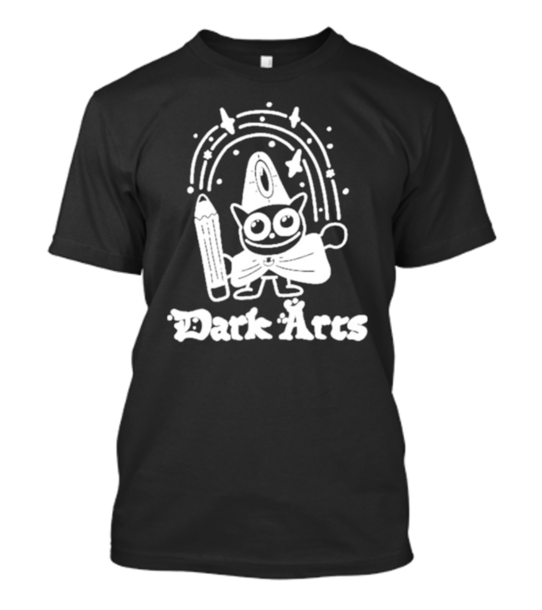 The Yetee Dark Arts Wizard Cat With Pencil And Stars T-Shirt