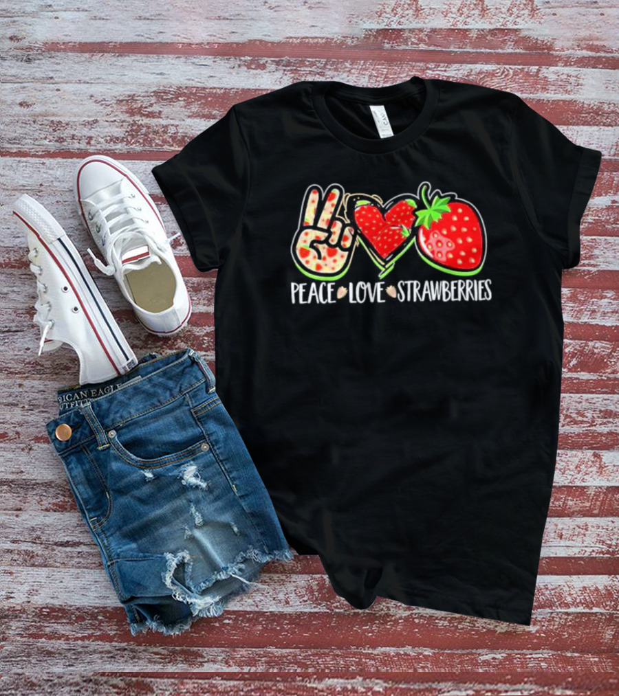 PEACE LOVE STRAWBERRIES HAND SIGN HEART FRUIT T-Shirt