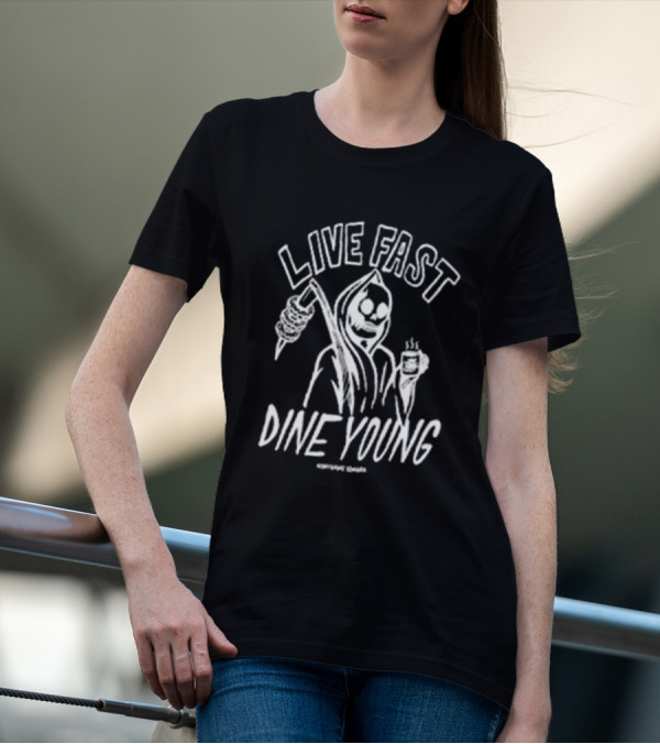 Himynameismark Live Fast Dine Young Grim Reaper With Scythe And Coffee Cup T-Shirt